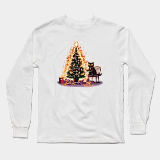 Black Cat Burning Christmas Tree Long Sleeve T-Shirt